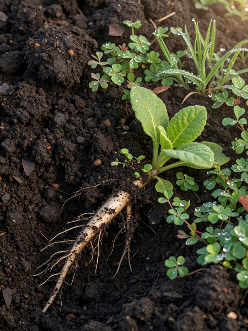 Vue de terrain des cultures de couverture : un mélange de ray-grass et de vesce commune reconstruisant la matière organique et la structure agrégée du sol du champ de tabac.